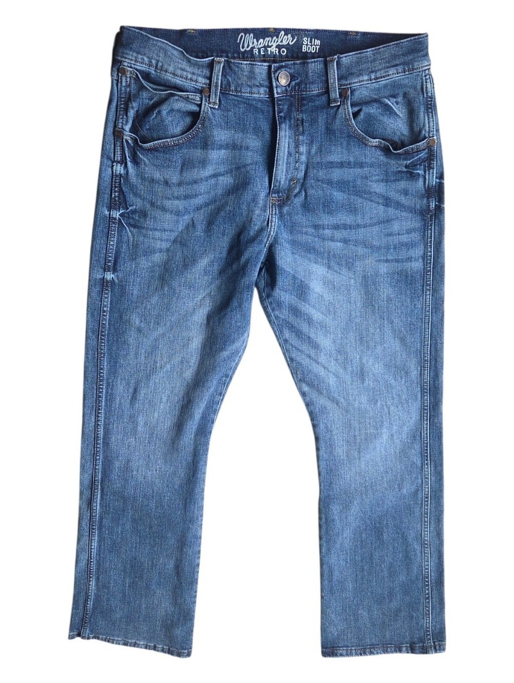 Wrangler Jeans Men 34x32 Blue Retro Slim Fit Straight Cowboy Boot Western Denim